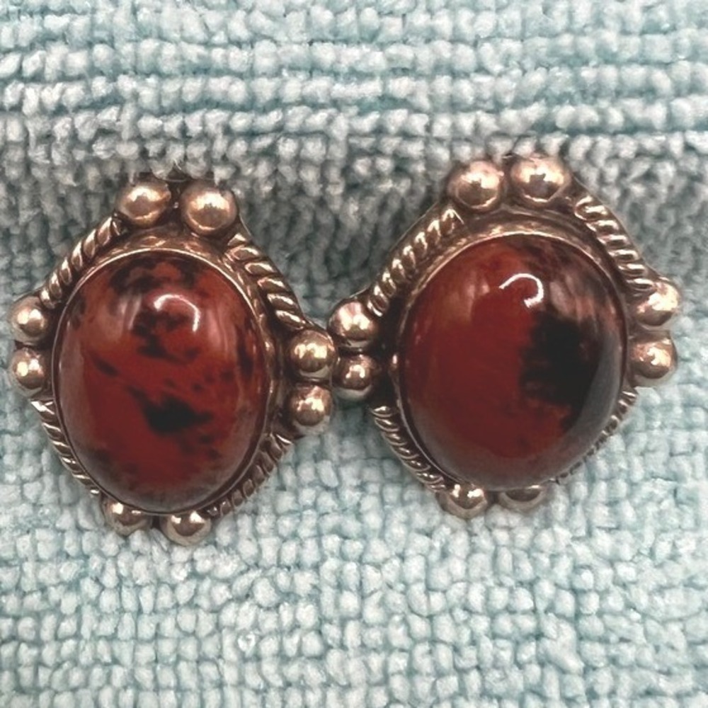 Vintage TAXCO Mexico Sterling Silver Earring Post Jasper Brown Black 1.25" 14.3g